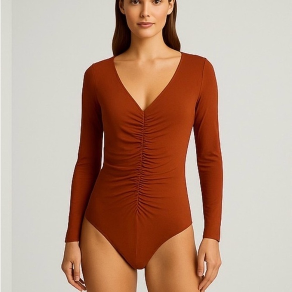 Abercrombie & Fitch Deep V-Neck Bodysuit in Rust